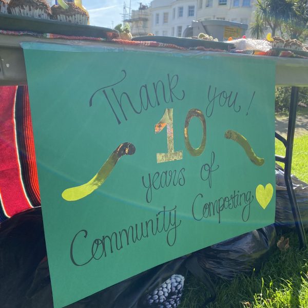 Banner saying 'Thank you 10 years of community composting'. Banner saying 'Thank you 10 years of community composting'.