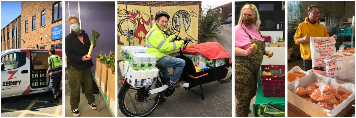 A collage of volunteers smiling while helping out during the pandemic, unloading vans, bagging up wholefoods, driving food and toilet roll deliveries on an electric bike, putting fresh veg into recipe bags.